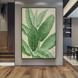 3D Minimalist Wabi Sabi Green Leaves Painting on Canvas Modern Minimalist Textured Wall Art Neutral Home Decor Large Living Room