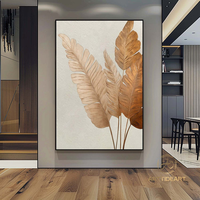 Original Palm Tree Leaf Painting Botanical Textured Art Brown Banana Leaves Gold Leaf Painting Acrylic Painting on Canvas Framed Wall Art