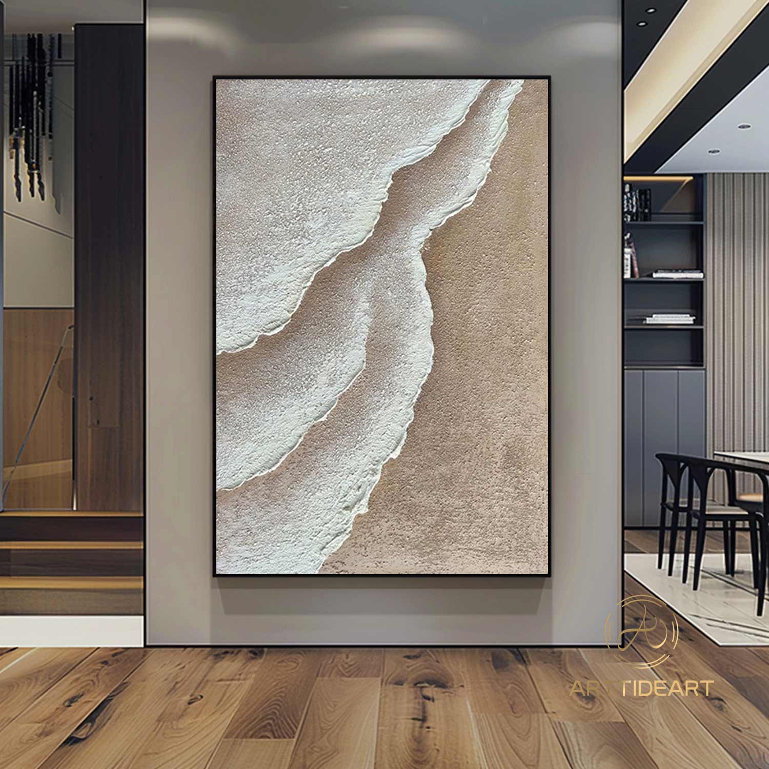 3D Minimalist Ocean Painting on Canvas Textured Wall Art Earth Tone Waves Art Wabi-Sabi Wall Art Living Room Painting Fashion Room Decor