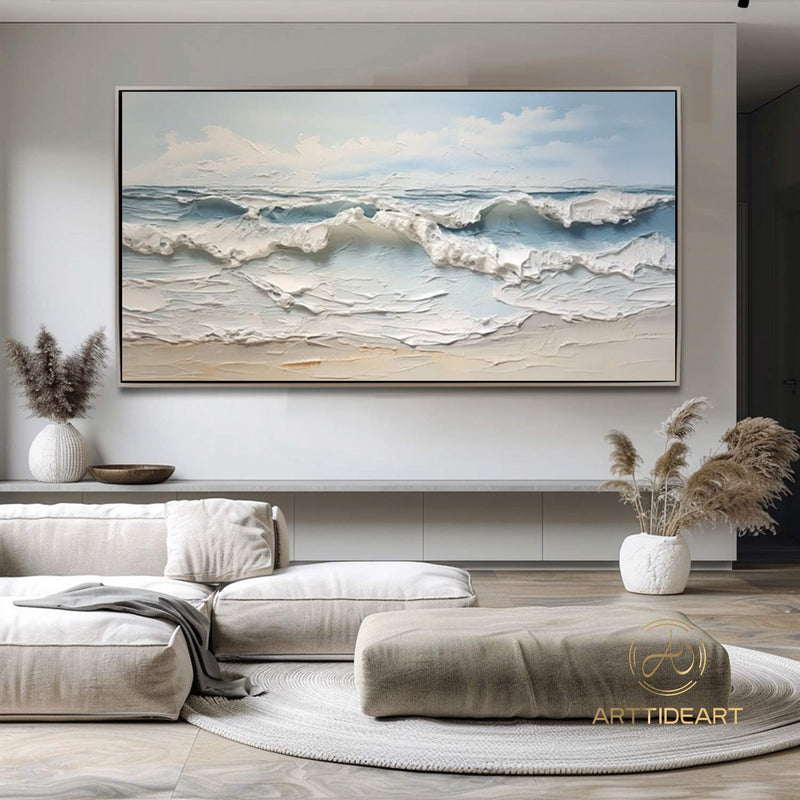 Large Textured Beach Acrylic Painting Framed Ocean Painting On Canvas Abstract Sea Art On Canvas Coastal Wall Art Beach Canvas Wall Decor