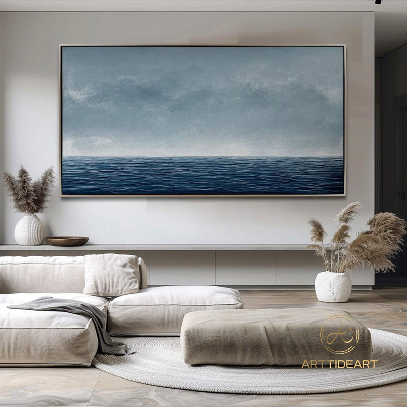 Blue Ocean Wave Landscape Oil Painting on Canvas, Large Abstract Custom Original Sea Beach Acrylic Painting Living Room Wall Art Home Decor