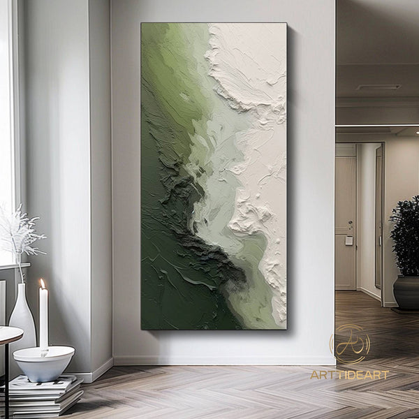 3D Green Minimalist Beach Painting Textured Wall Art Ocean Wave Painting on Canvas Wabi-Sabi Wall Art Living Room Painting Fashion Decor