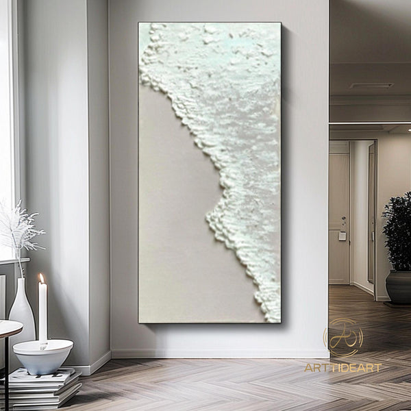 Large Textured Beach Acrylic Painting Framed 3D White Wave Canvas Painting Abstract Ocean Wave Art Coastal Wall Art Beach Pastel Room Decor