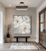 Large Abstract Flower Oil Painting on Canvas Wall Art,Original Textured Floral Wall Art White Painting Modern Wall Decor Living Room Art