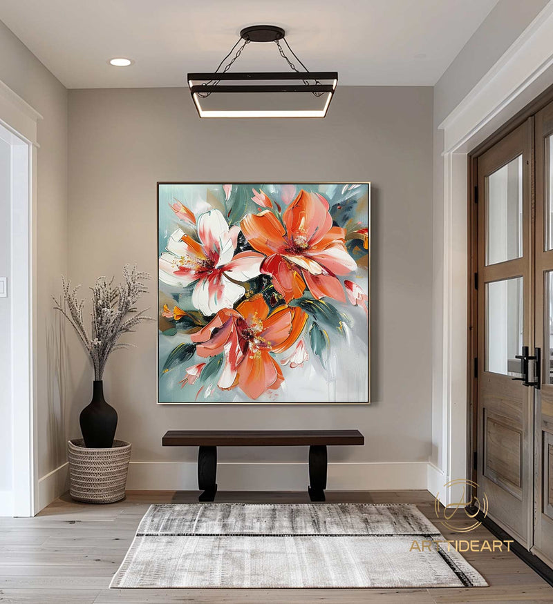 Abstract Orange Flower Oil Painting On Canvas Colorful Flower Textured Art Flower Minimalist Art Modern Living Room Decor Wall Art