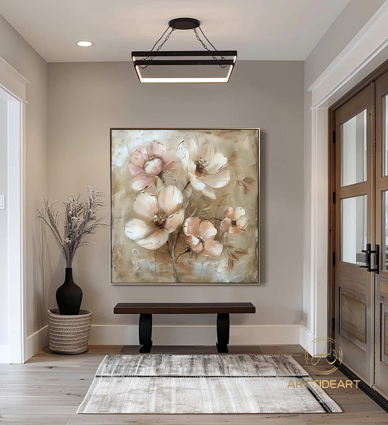 Original Flower Painting on Canvas Textured Wall Art Neutral Tone Custom Wall Art Floral Painting Modern Art Fancy Living Room Wall Art