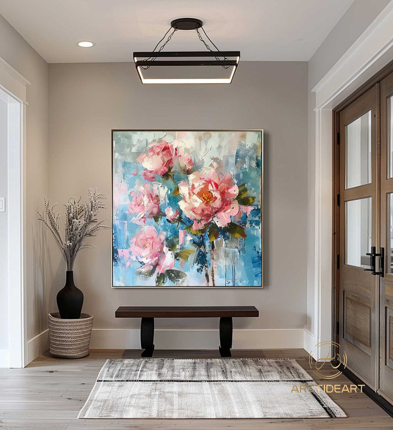 Original Roses Oil Painting On Canvas, Abstract Pink Flowers Painting, Large Wall Art, Custom Painting, Living room Wall Decor, Home Decor