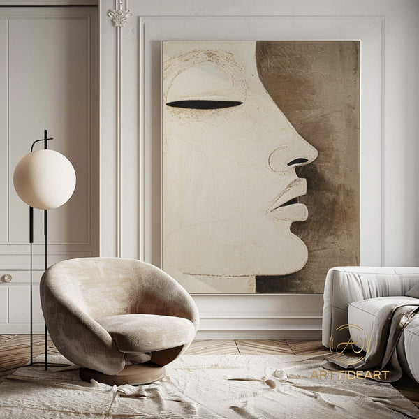 Large Faceless Portrait Painting Abstract Figure Wall Art Beige Brown Texture Painting on Canvas Woman Face Artwork Modern Texture Wall Art