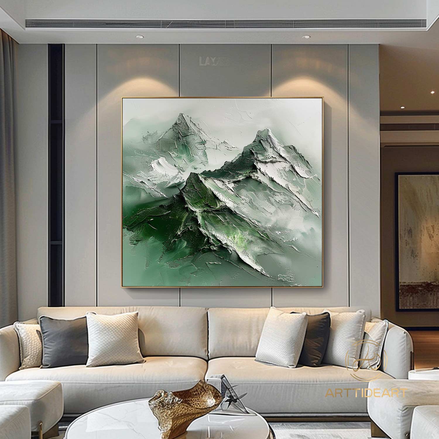 Green Abstract Mountain Painting On Canvas,Wabi Sabi Wall Art,Green And Beige Heavy Texture Mountain Painting,Minimalist Painting,Home Decor