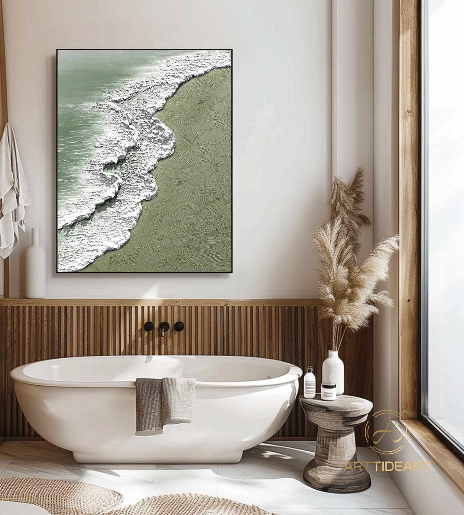 Green 3D Textured Sea Art White Waves Wabi-Sabi Minimalist Canvas Texture Art Beach Painting Mural Ocean Wave Canvas Wabi-Sabi Wall Art