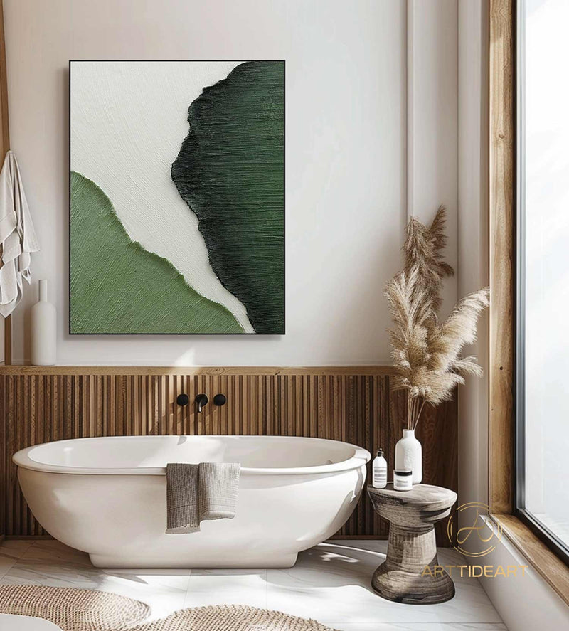 3D Green Texture Painting, Large Nordic Green White abstract wall Art, Green White painting, Modern living room abstract painting