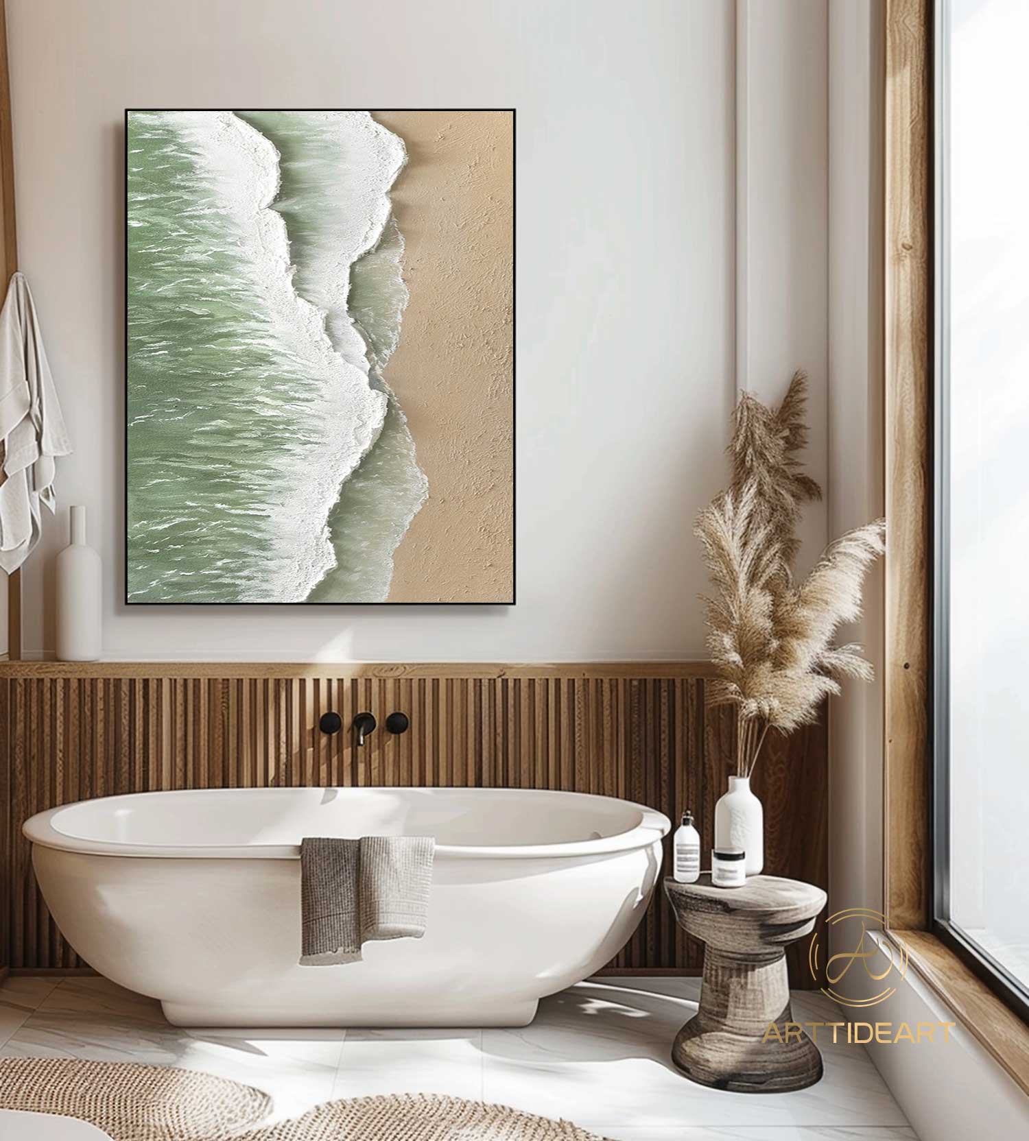 Large Green Coastal Wall Decor Abstract Green Beach Painting Acrylic Framed Ocean Wave Canvas Painting 3D Texture Abstract Beach Canvas Art