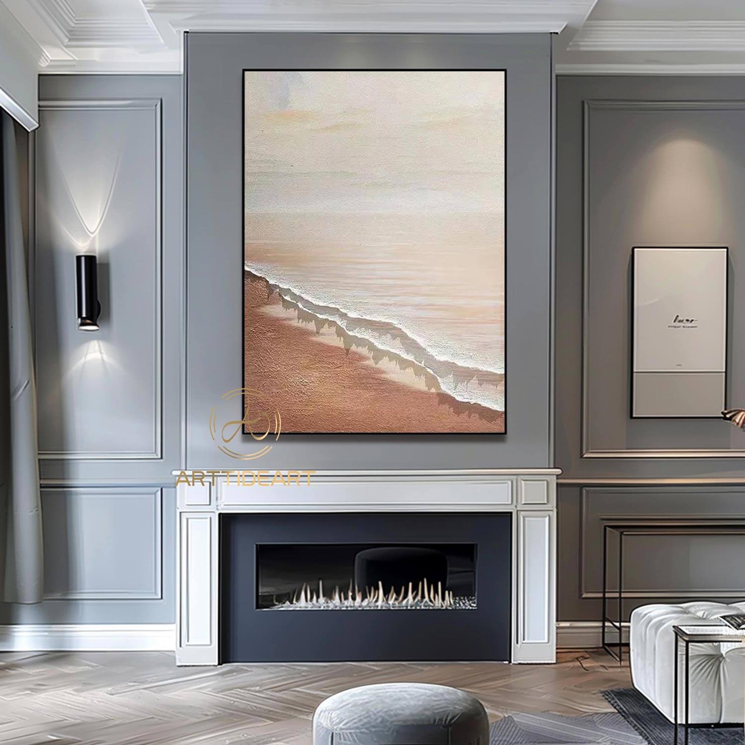 Large 3D Textured Coastal Wall Art Wave Acrylic Painting Framed Brown Beach Wall Art Abstract Sea Wall Art Ocean Canvas Painting Wall Decor