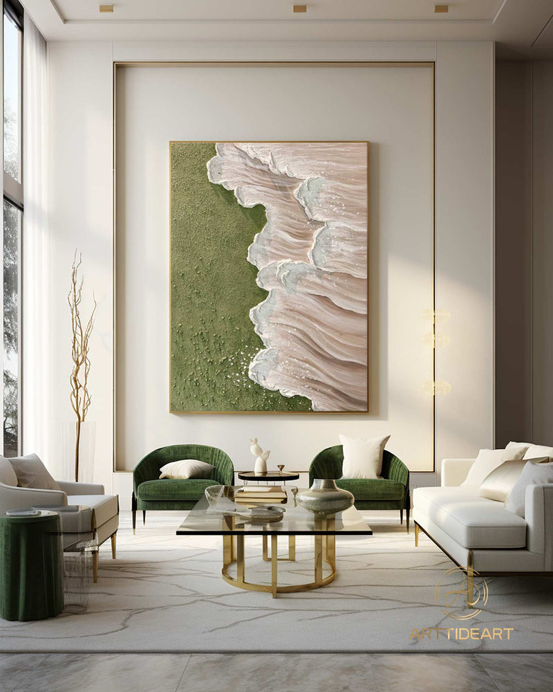 Modern Abstract Wave Paintings Textured Beige Canvas Art Green Beach Wall Art Ocean Wave Art Coastal Seascape Paintings Contemporary Art