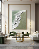 Green 3D Textured Sea Art White Waves Wabi-Sabi Minimalist Canvas Texture Art Beach Painting Mural Ocean Wave Canvas Wabi-Sabi Wall Art