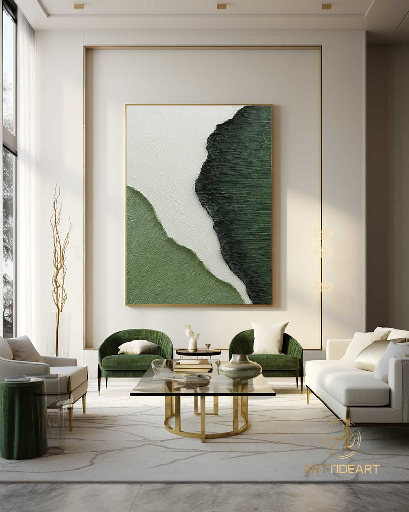 3D Green Texture Painting, Large Nordic Green White abstract wall Art, Green White painting, Modern living room abstract painting