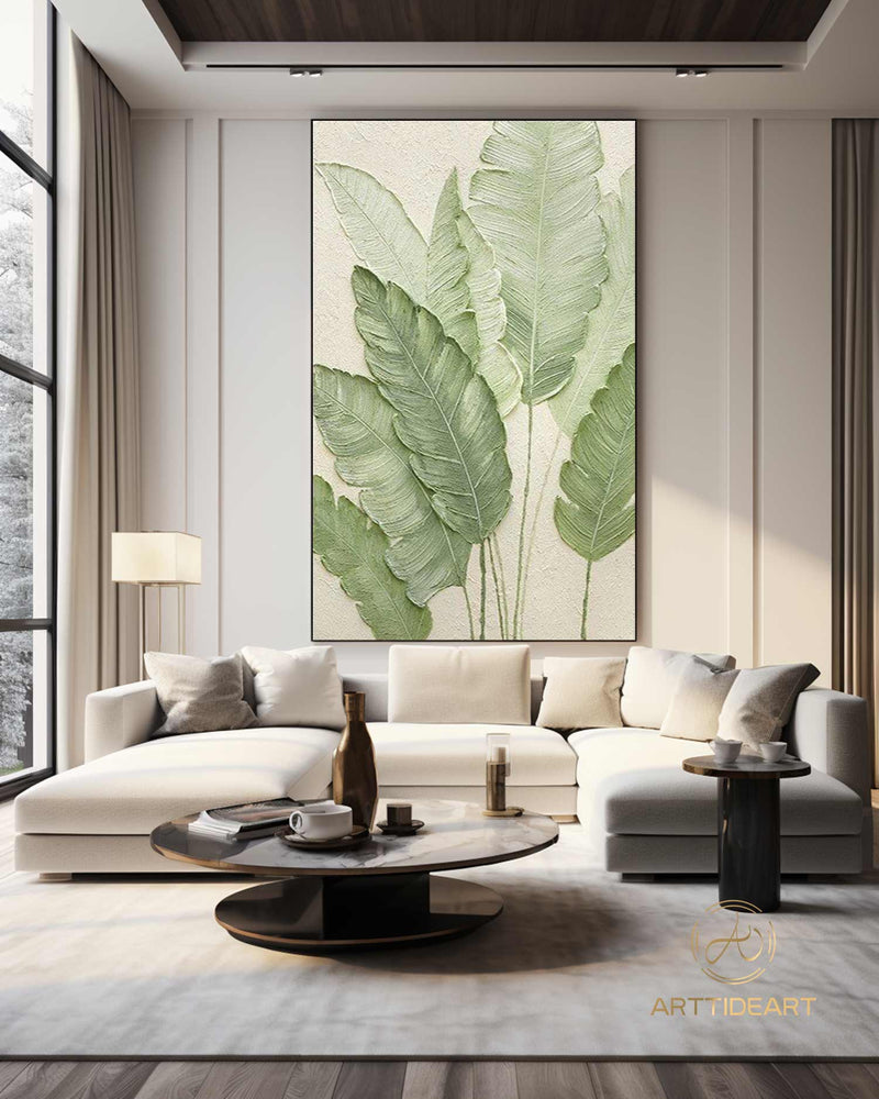 Large Green Leaf Textured Painting on Canvas Green Minimalist Wall Art Leaf Landscape Painting Green Minimalist Painting Boho Wall Art Decor