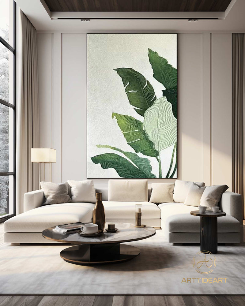 Large Nordic Green Beige abstract wall Green 3D texture painting abstract leaf painting modern living room abstract painting Minimalist Art