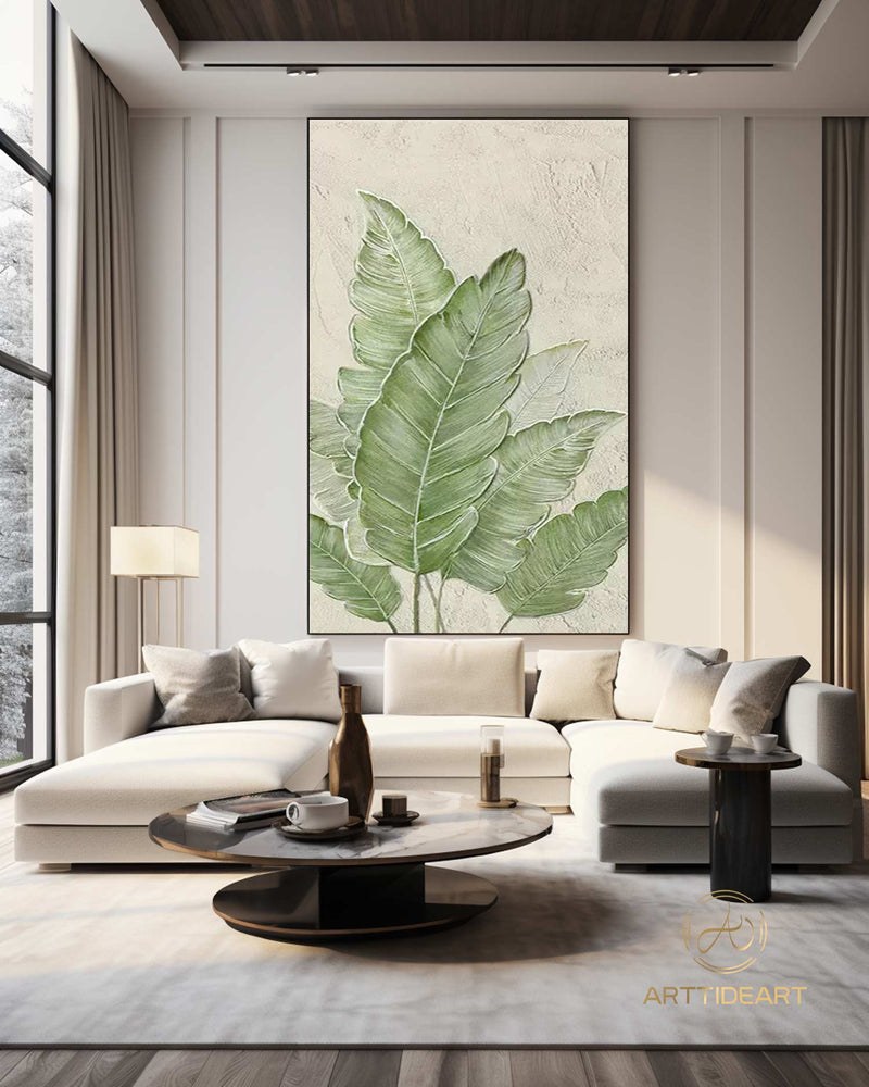 Large Nordic Green Beige abstract wall Green 3D texture painting abstract leaf painting modern living room abstract painting Minimalist Art