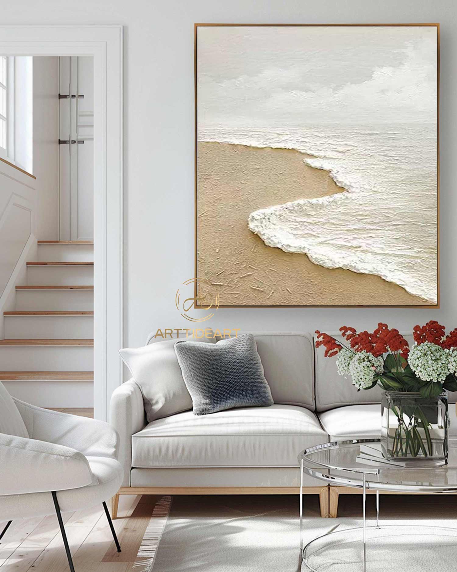 Sandy Beach Ocean Oil Painting On Canvas Blue Sky White Clouds Abstract Seascape Coastal Wall Art Acrylic Painting Large Wall Art Home Decor