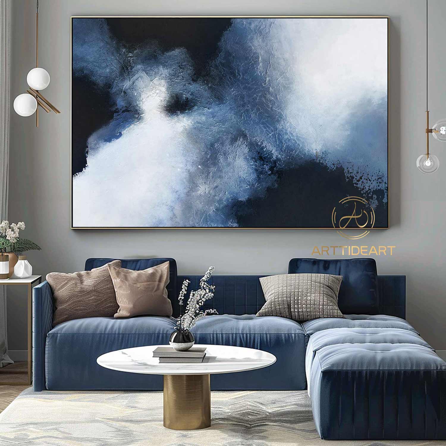 Large Blue Wall Art Blue And Black Abstract Painting Contemporary Minimalist Wall Art Modern Abstract Art Blue and White Canvas Painting