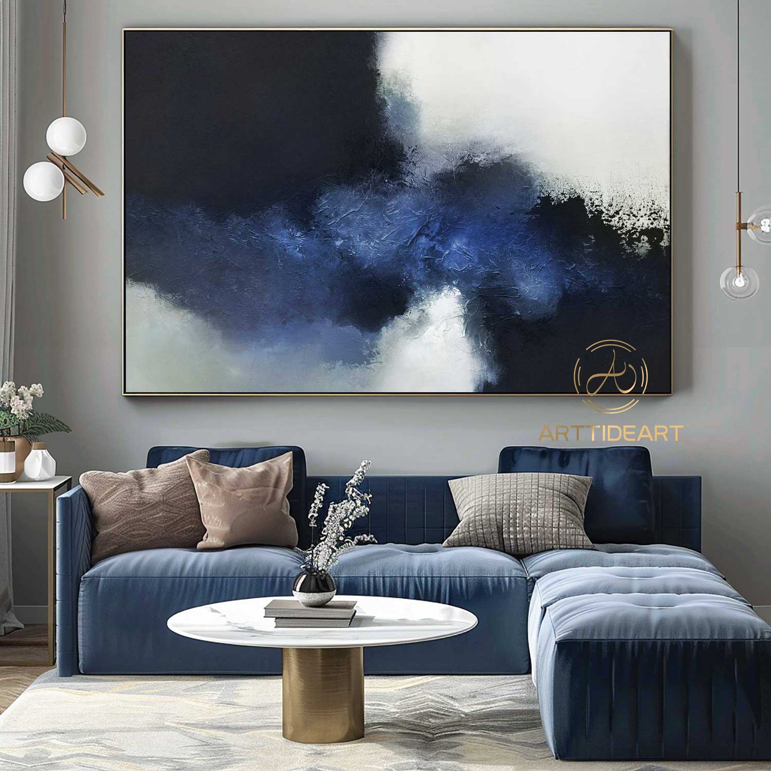 blue abstract painting Blue white Textured Painting large abstract black and white painting office wall decor acrylic painting blue wall art