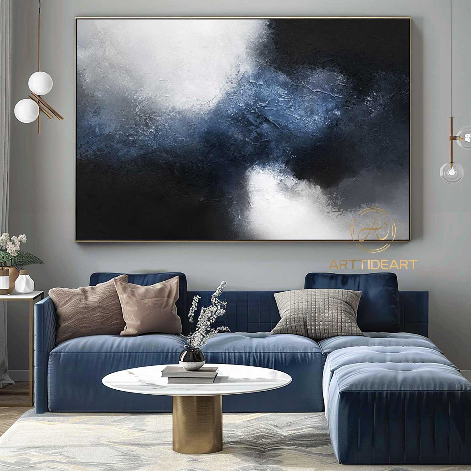 blue abstract painting black white painting large abstract painting abstract canvas wall art acrylic painting on canvas blue grey painting