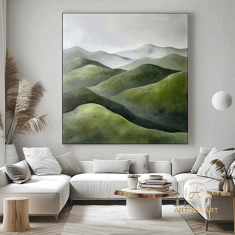 Green Abstract Mountain Painting On Canvas,Wabi Sabi Wall Art,Green And White Heavy Texture Mountain Painting,Minimalist Painting,Home Decor