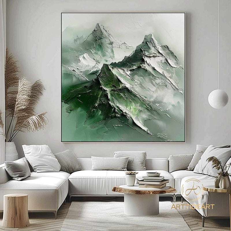 Green Abstract Mountain Painting On Canvas,Wabi Sabi Wall Art,Green And Beige Heavy Texture Mountain Painting,Minimalist Painting,Home Decor