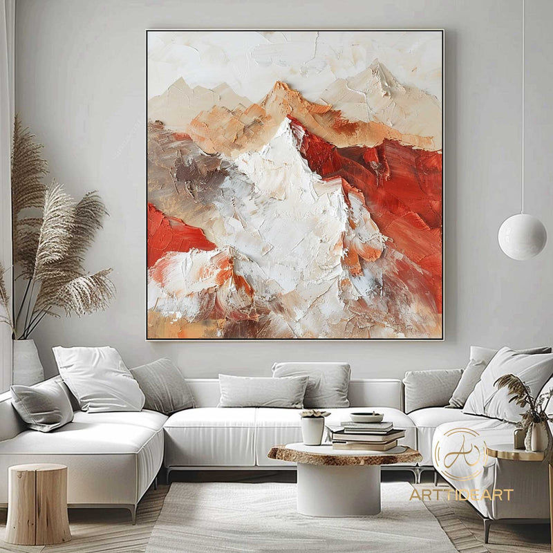 Original 3D Beige Mountain Painting on Canvas Framed Plaster Style Textured Wall Art Ivory Wabi-Sabi Living Room Decor Boho Modern Canvas