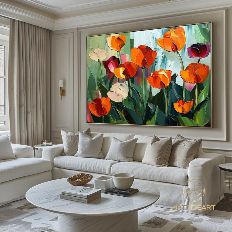 Colorful Floral Canvas Art, Vibrant Flower Painting on Canvas, Textured Acrylic Painting, Impasto Cheerful Floral Art, Living Room Wall Art