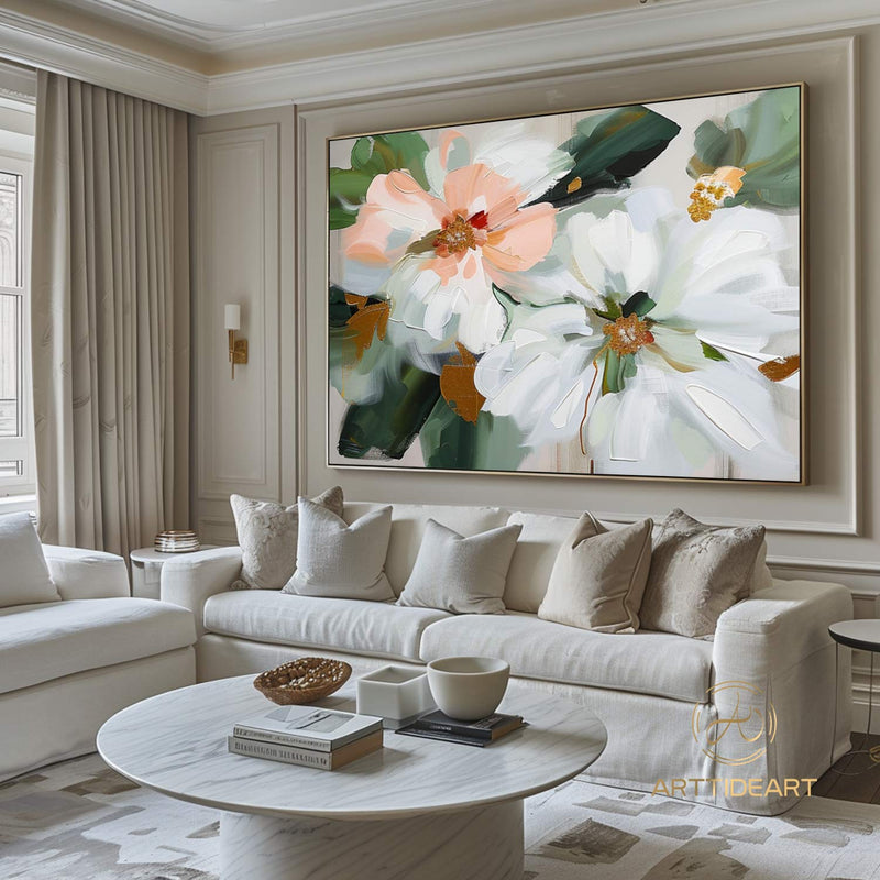 Original Flower Oil Painting On Canvas,Large Wall Art, Abstract White Floral Landscape Painting,Custom Painting, Modern Living Room Decor